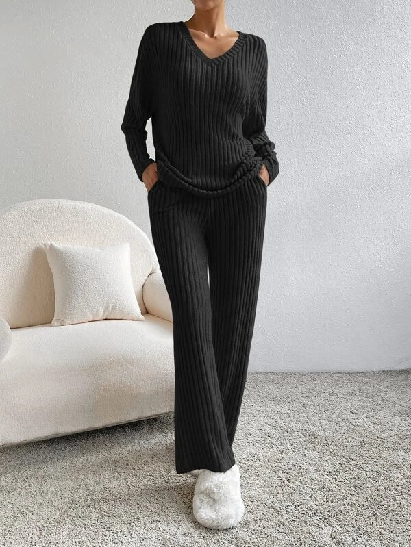 Ribbed Knit V Neck Two-Piece Set