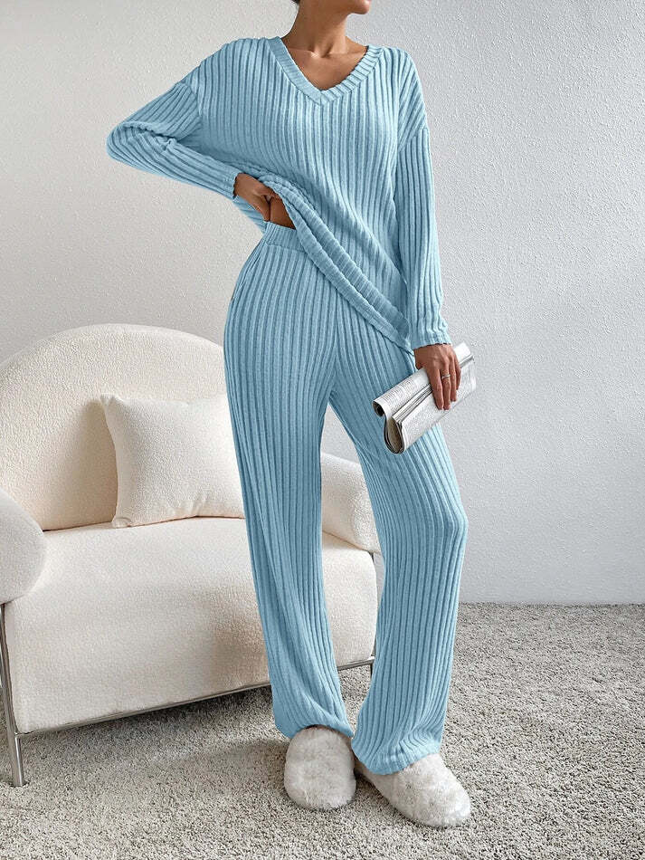 Ribbed Knit V Neck Two-Piece Set