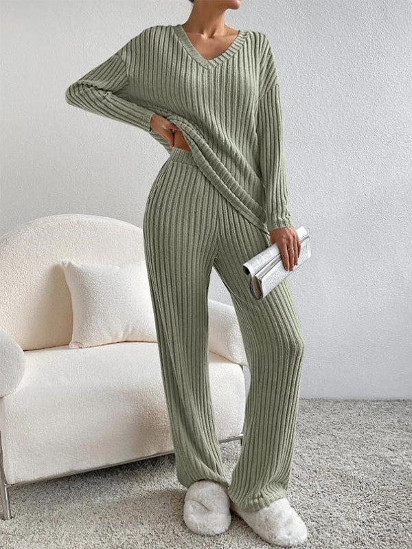 Ribbed Knit V Neck Two-Piece Set