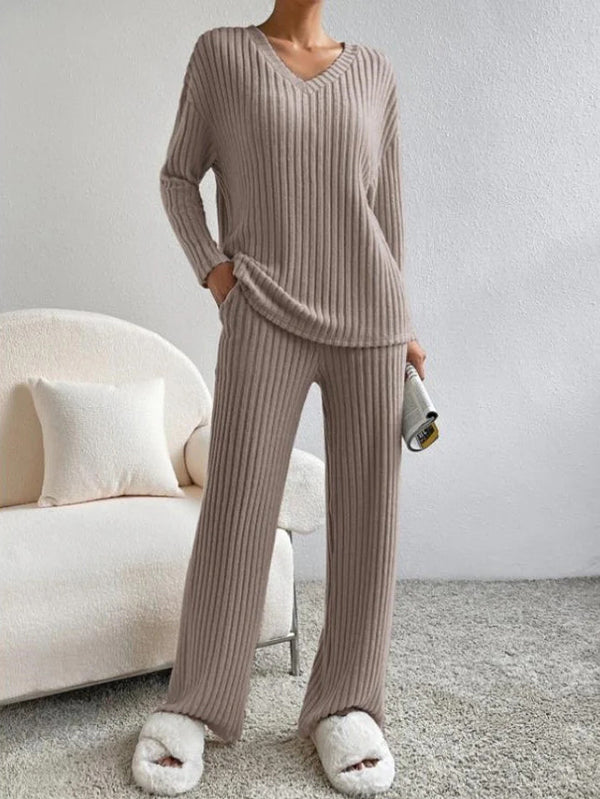 Ribbed Knit V Neck Two-Piece Set